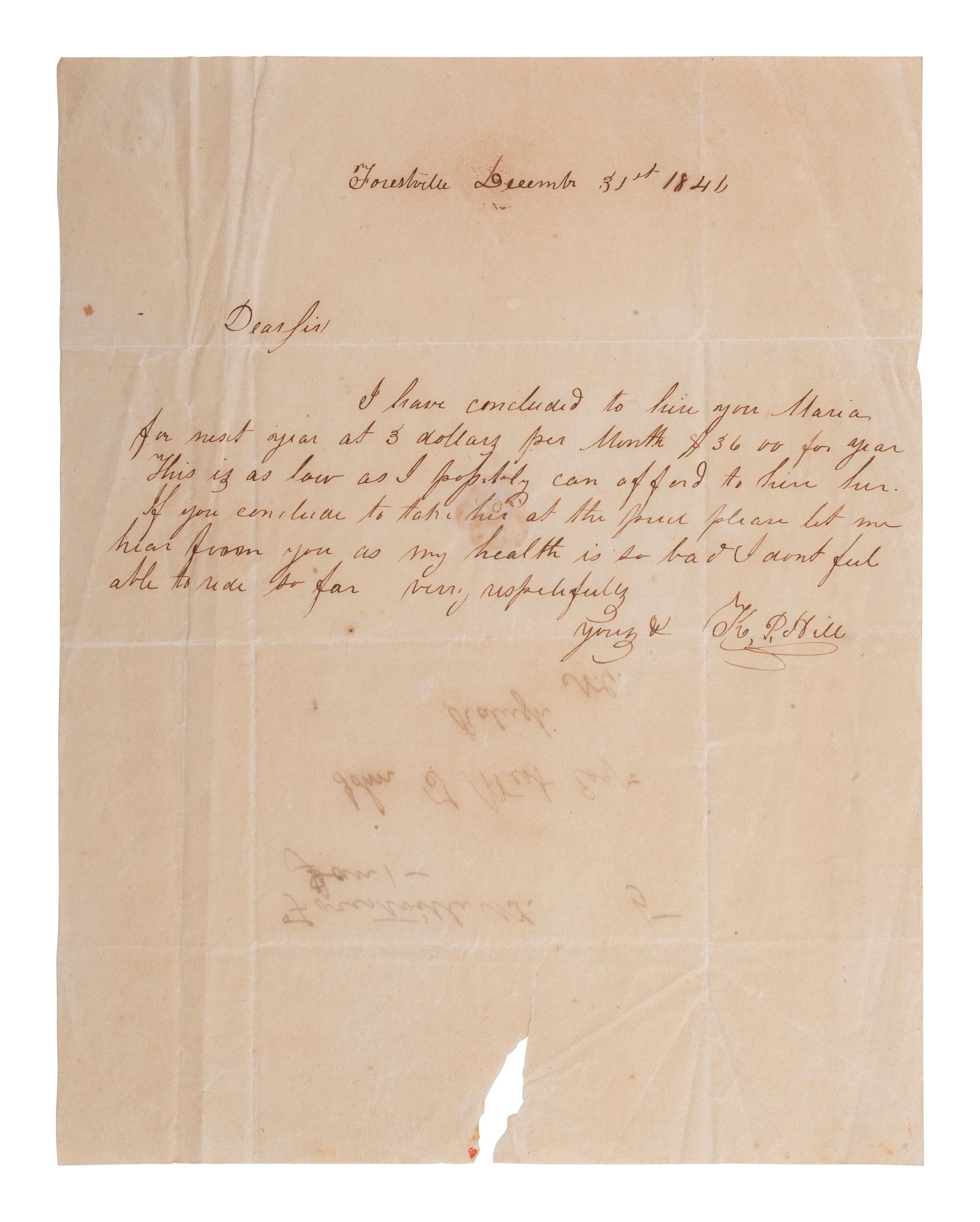 [AFRICAN AMERICANA]. Letter about the hire of enslaved person. Forestville, [NC], 31 December 1846.