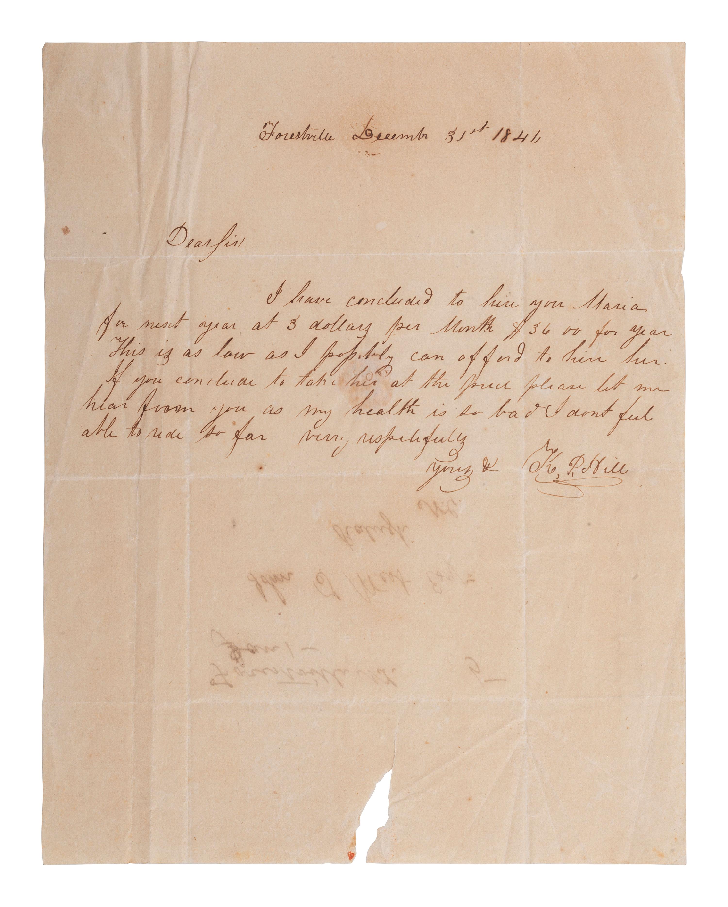 [AFRICAN AMERICANA]. Letter about the hire of enslaved person. Forestville, [NC], 31 December 1846.