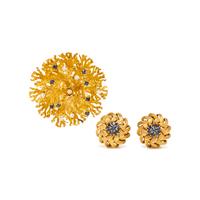 TIFFANY & CO., YELLOW GOLD AND MULTIGEM BROOCH AND EARCLIPS