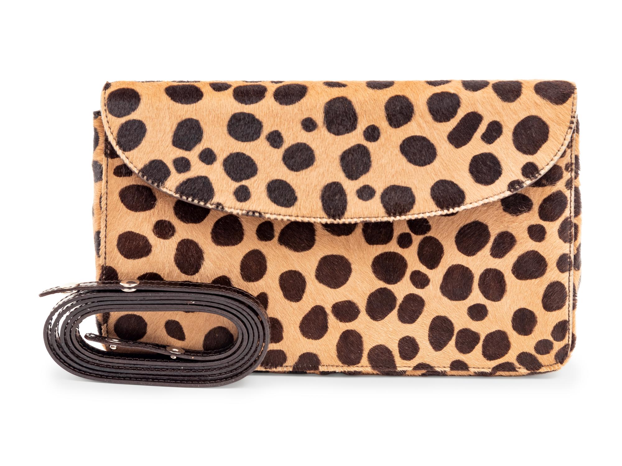 Two Designer Pony Hair Bags: One Céline Leopard Print Tote and One Prada Animal Print Clutch