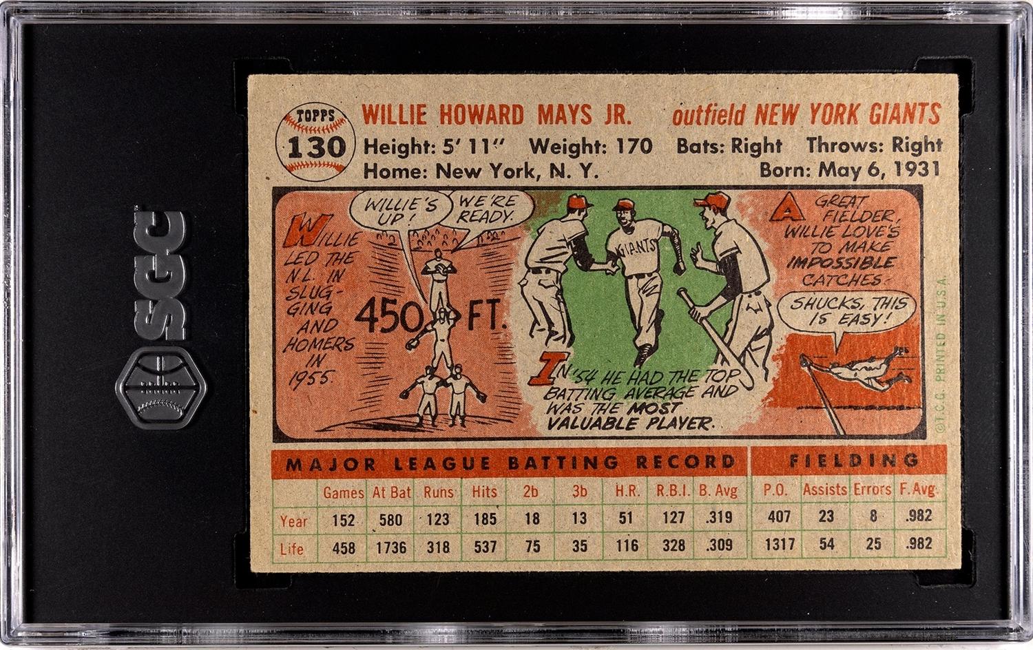 A 1956 Topps Willie Mays Baseball Card No. 130 Gray Back (SGC 4 VG-EX)