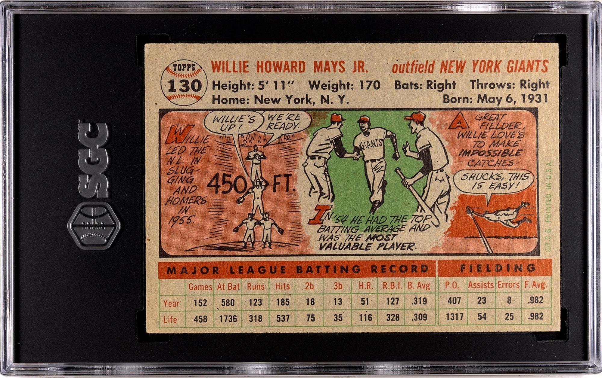 A 1956 Topps Willie Mays Baseball Card No. 130 Gray Back (SGC 4 VG-EX)