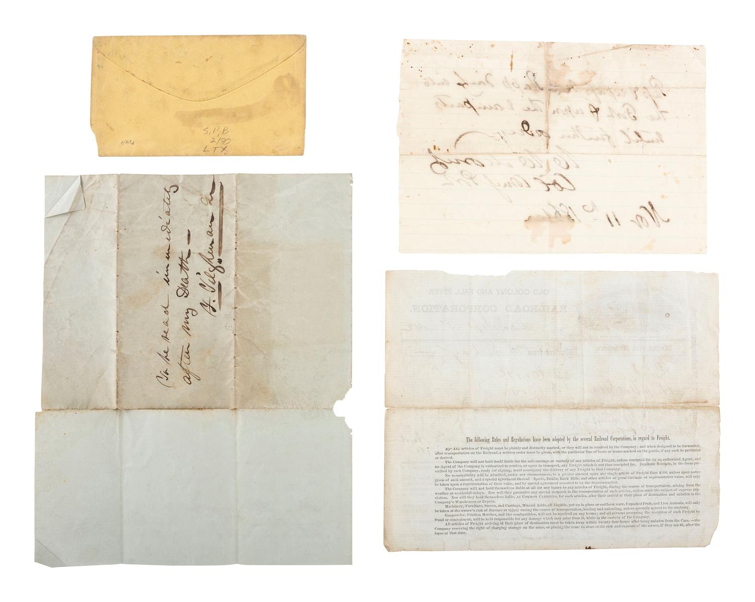 [CIVIL WAR]. Ephemera including elaborately engraved postal cover, wounded soldier's letter, railroad bill of lading for hospital stores, and more