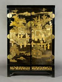A Chinese Black Lacquered Cabinet on Stand, Height 71 1/2 x width 46 1/2 x depth 17 3/4 inches.
