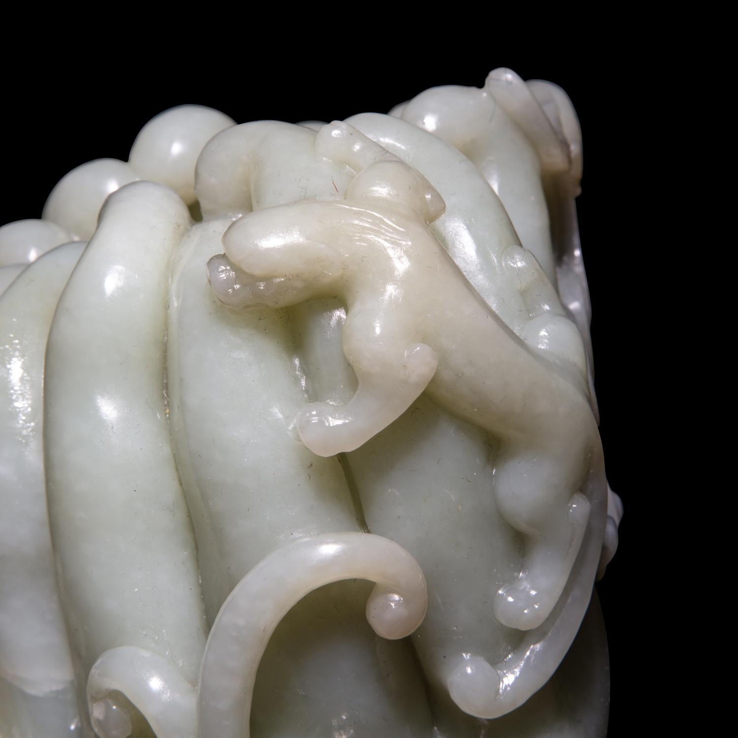 A Chinese Celadon Jade Buddha's Hand Citrus Brushpot, Bitong, 20th Century — 近代 青玉佛手式筆筒