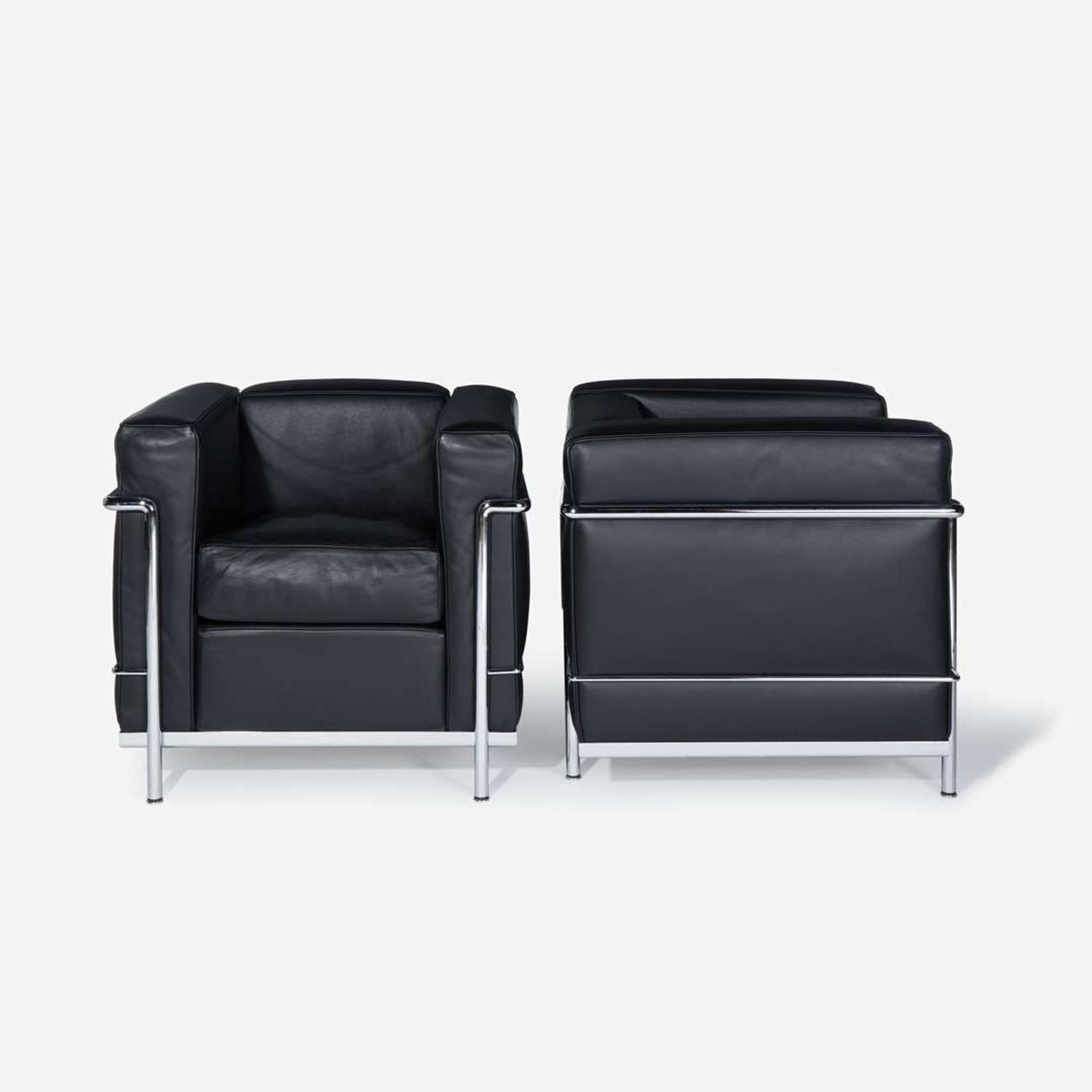 Le Corbusier, Pierre Jeanneret, and Charlotte Perriand Pair of LC2 Fauteuils Grand Confort, Petite Modèle, Cassina, Italy, designed 1928, the present lot early 21st century