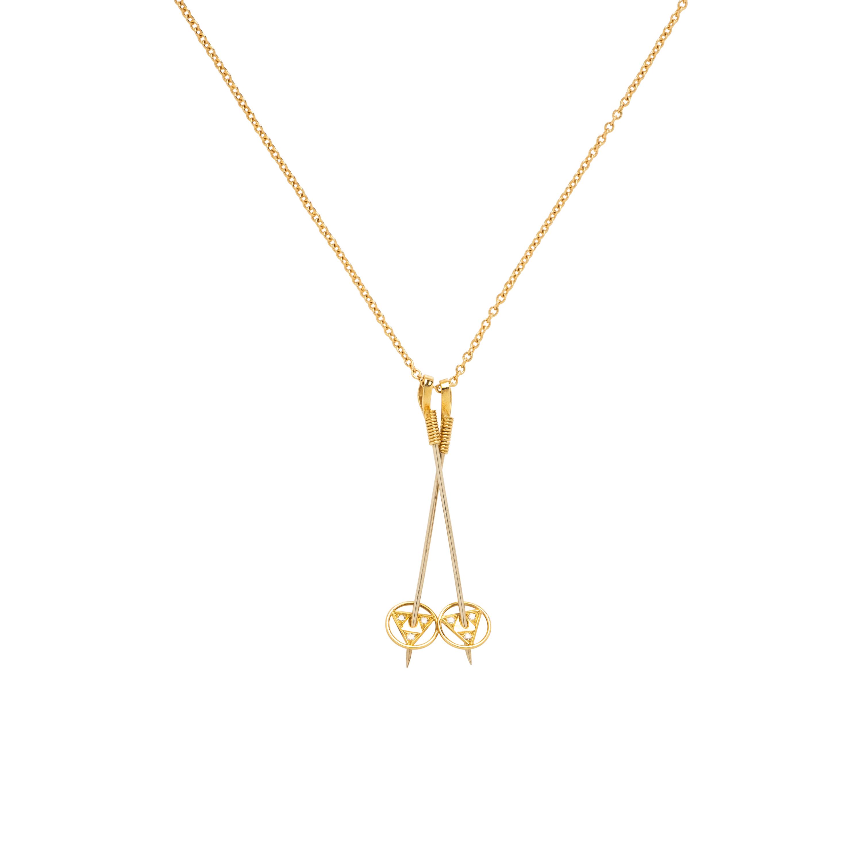 Frattini, Yellow Gold Ski Pole Pendant Necklace