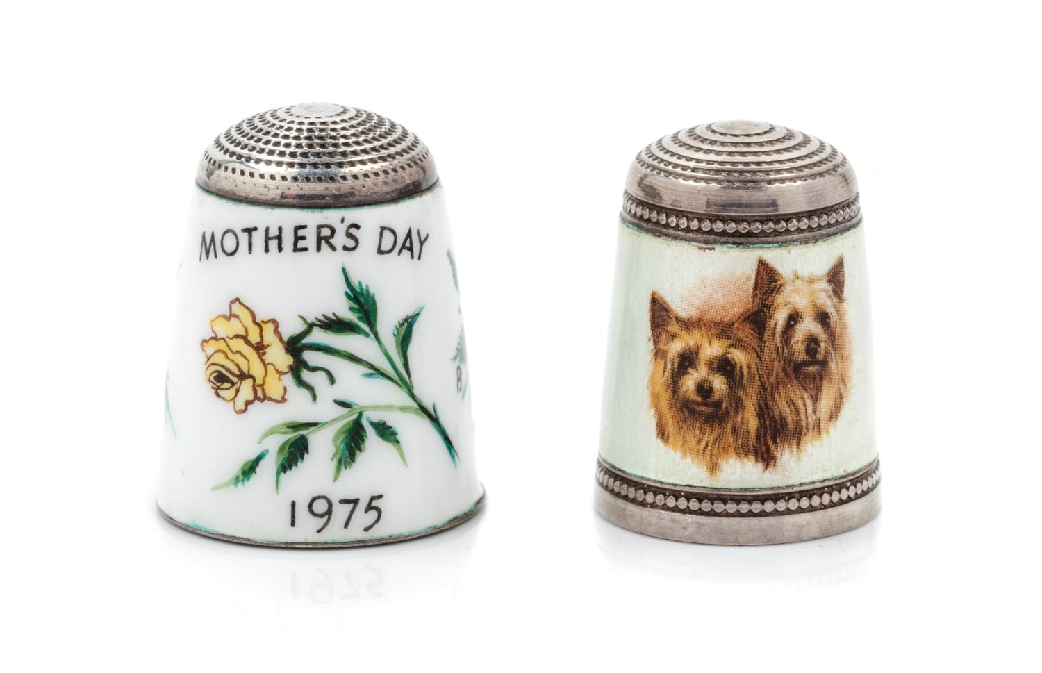 Two English Silver and Enamel Thimbles, Joseph Swan & Sons, Birmingham, Second Half 20th Century, comprising an example with a knurled