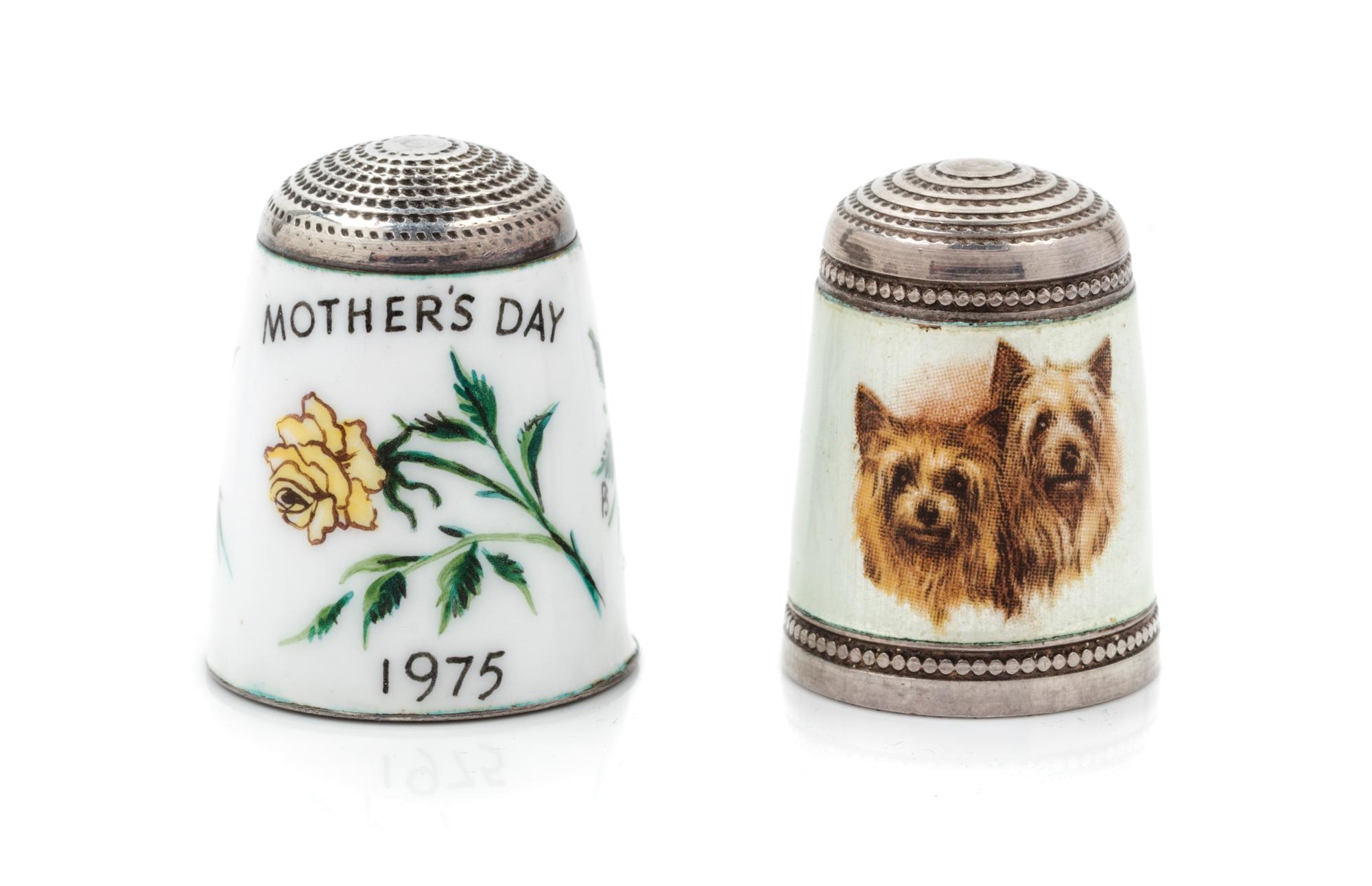 Two English Silver and Enamel Thimbles, Joseph Swan & Sons, Birmingham, Second Half 20th Century, comprising an example with a knurled