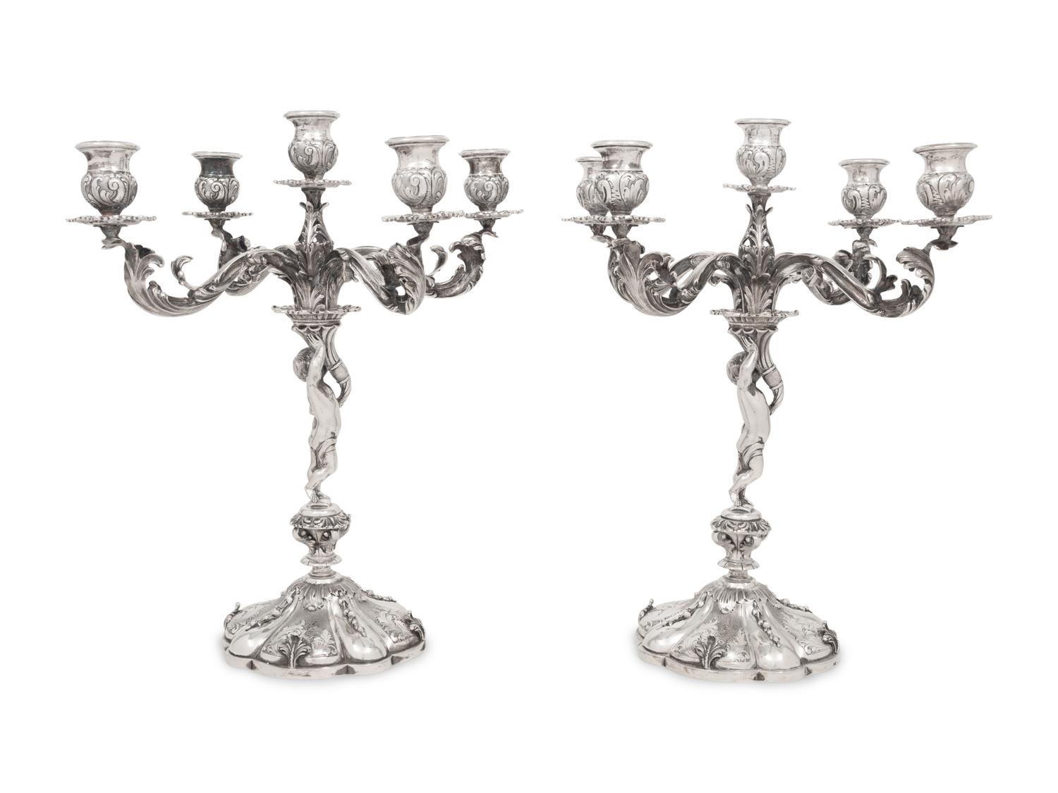 A Pair of Italian Silver Five-Light Candelabra