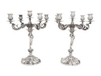 A Pair of Italian Silver Five-Light Candelabra