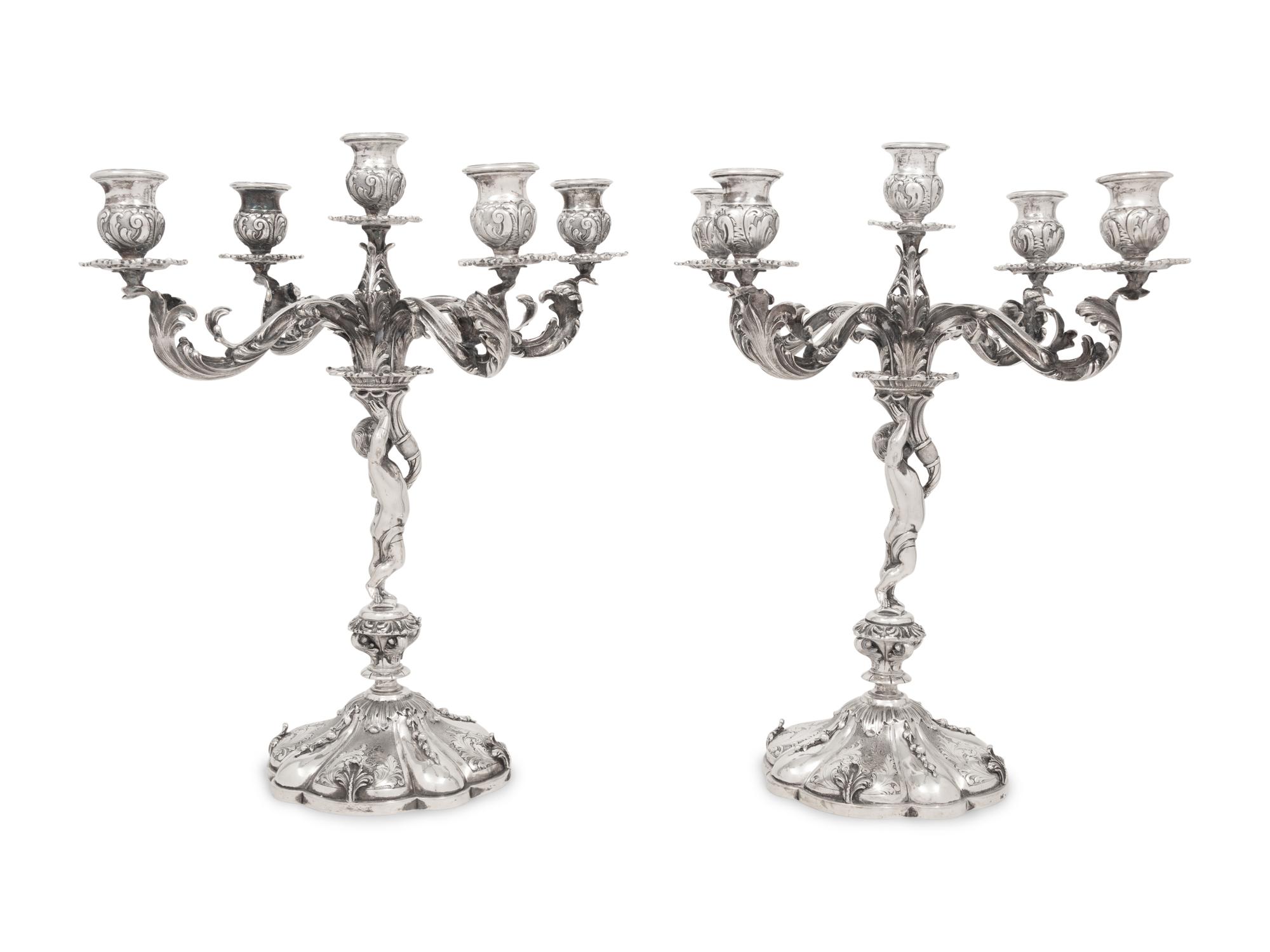 A Pair of Italian Silver Five-Light Candelabra