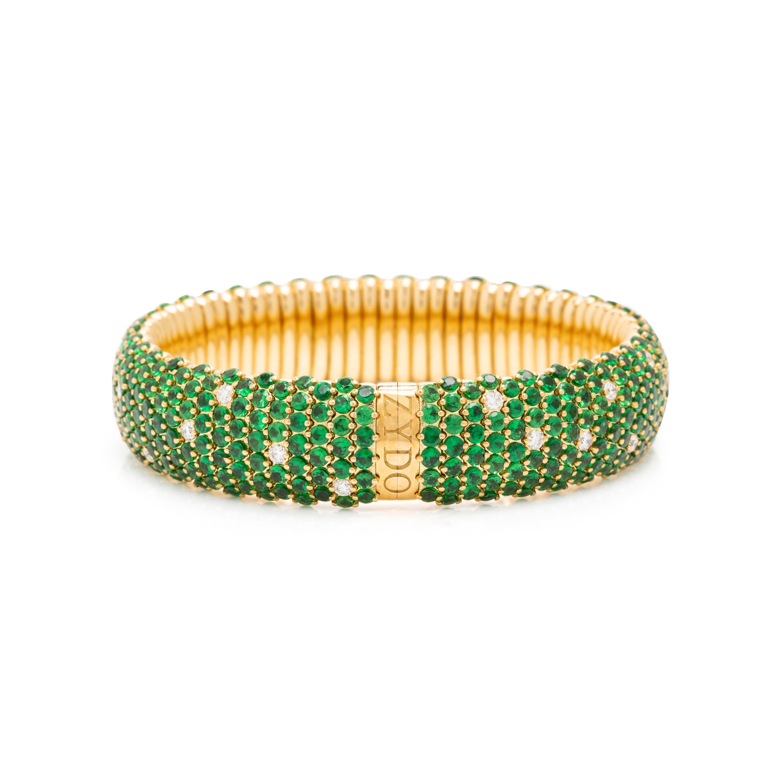 Zydo, Tsavorite Garnet, Diamond, and Yellow Gold Flexible Bangle Bracelet