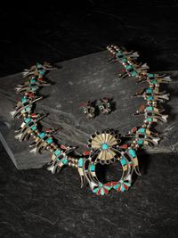 Mosaic Inlay Water Bird Squash Blossom Necklace and Matching Clip Earrings