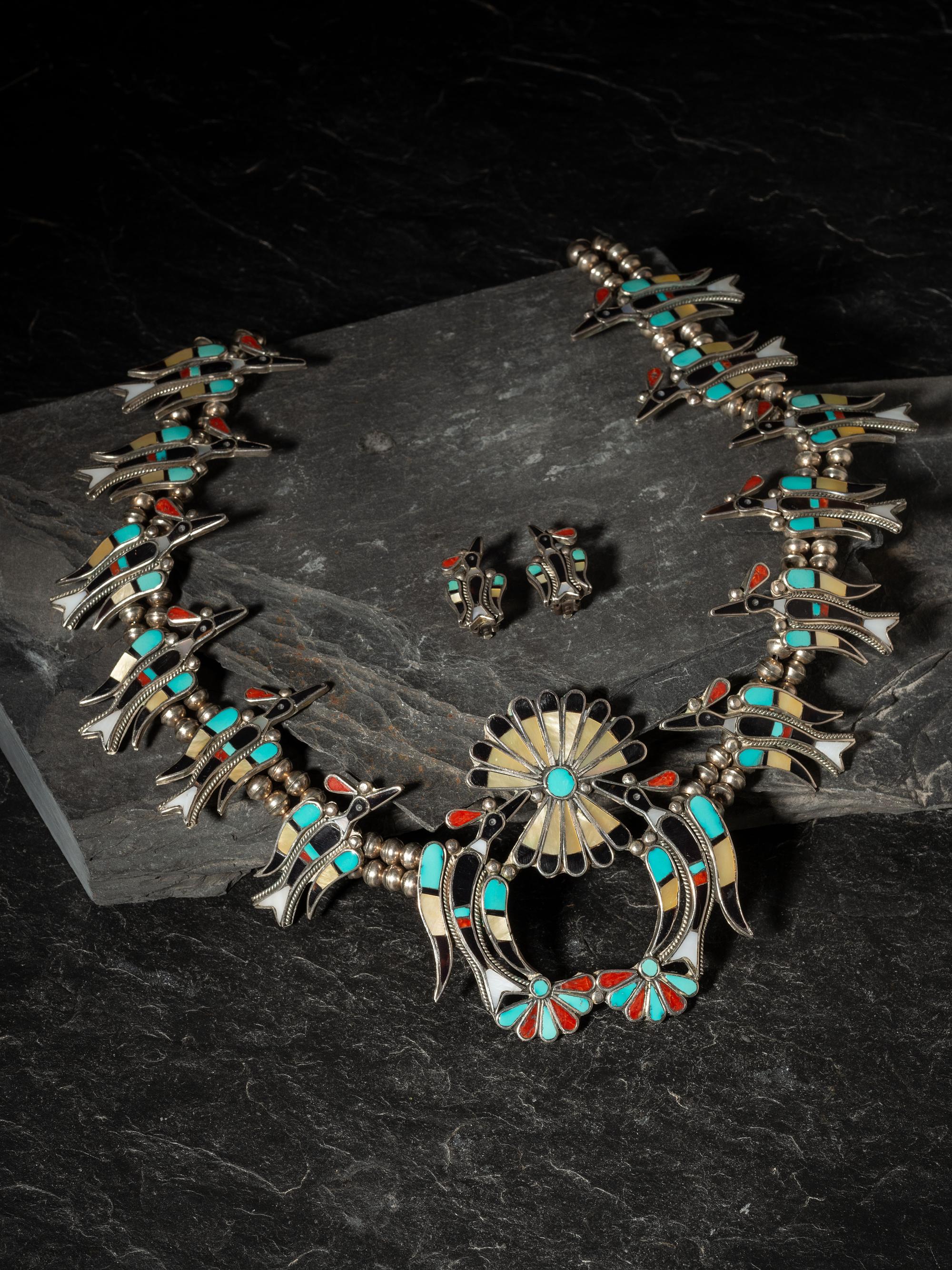 Mosaic Inlay Water Bird Squash Blossom Necklace and Matching Clip Earrings