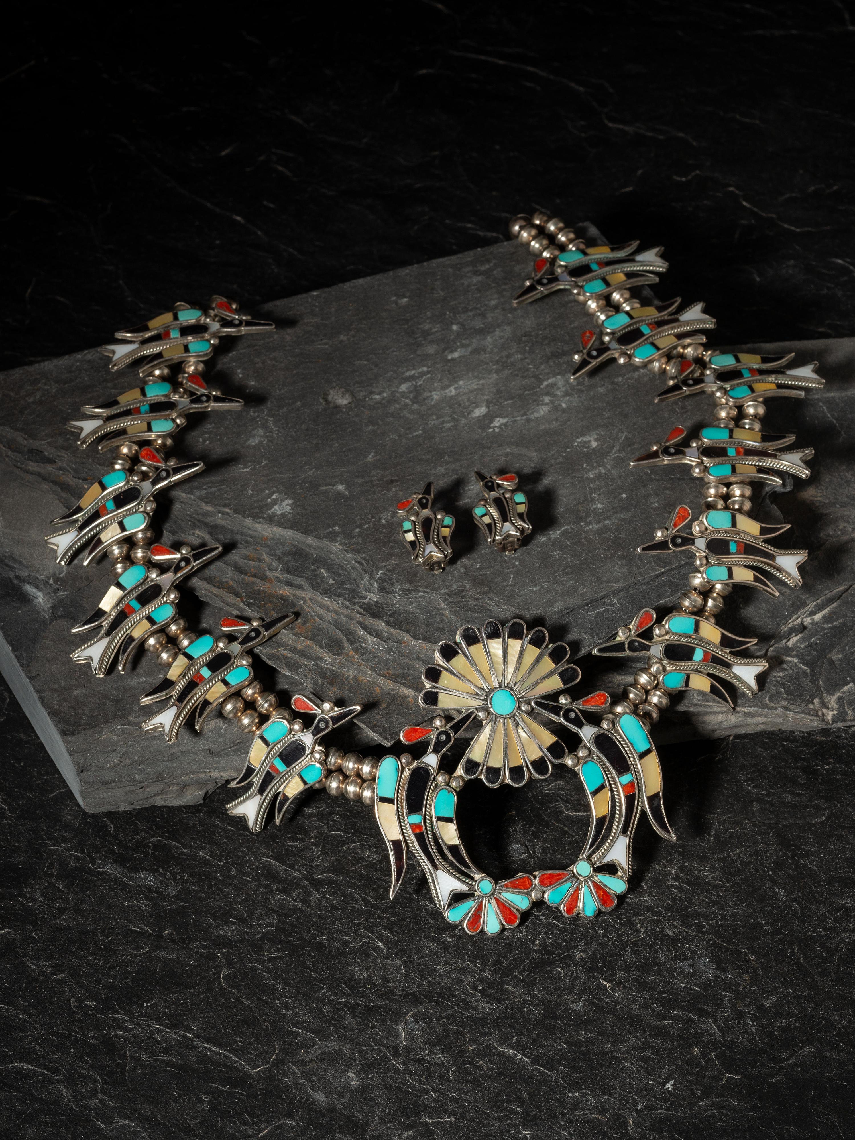 Mosaic Inlay Water Bird Squash Blossom Necklace and Matching Clip Earrings