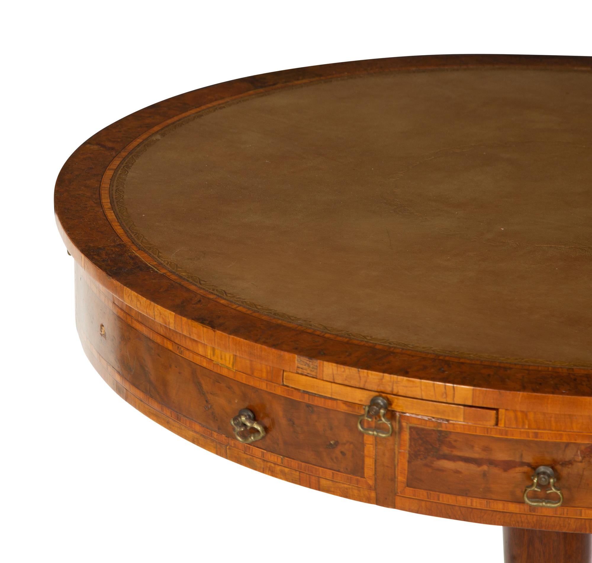 A George III Style Burl Walnut Drum Table