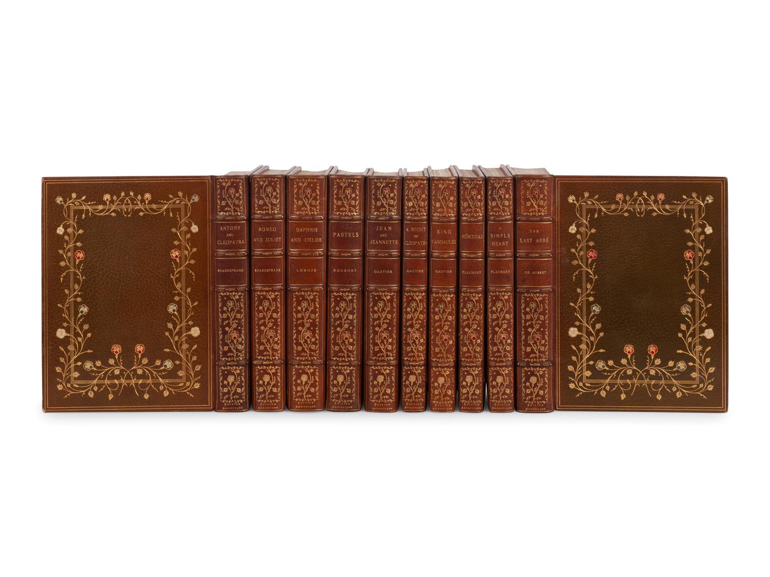 SHAKESPEARE, William. -- GAUTIER, Theophile. -- FLAUBERT, Gustave. -- BOURGET, Paul. -- MUSSET, Alfred de -- LONGUS. Romeo and Juliet ; Anthony and Cleopatra; King Candaules ; A Night of Cleopatra ; Jean and Jeannette; Daphnis and Chloe ; Heródias; A Simple Heart; Pastels; The Last Abbé. Édition Artistique. Paris: Société des Beaux Arts, n.d.
