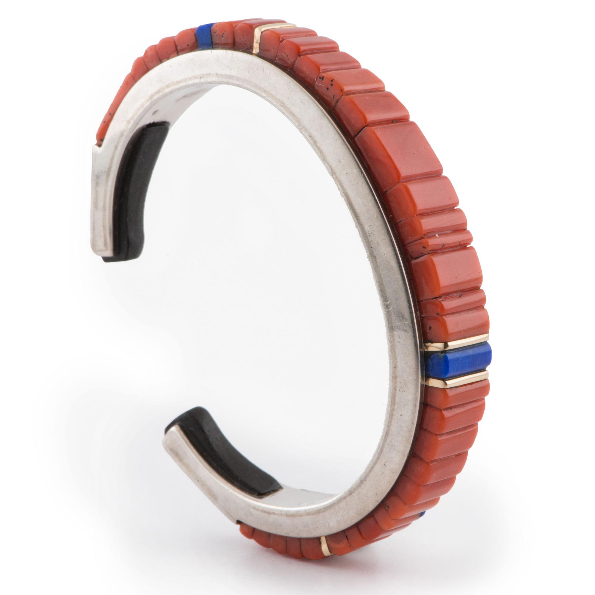 Silver, Coral, Lapis, and Ironwood Cuff Bracelet, with Gold Accents