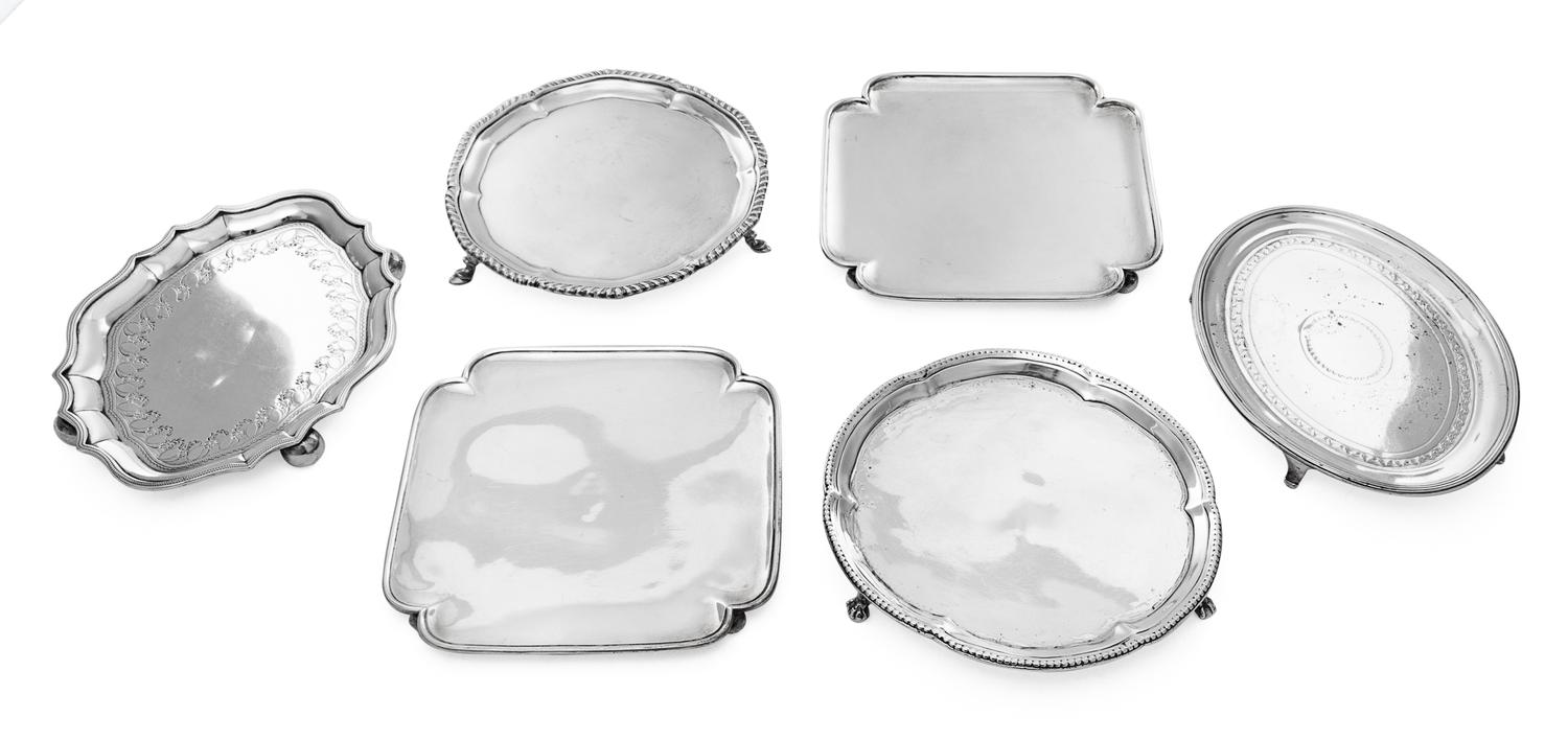 A Group of Six English and American Silver Waiters, various makers, comprising three George III silver examples, a pair of Tiffany & Co