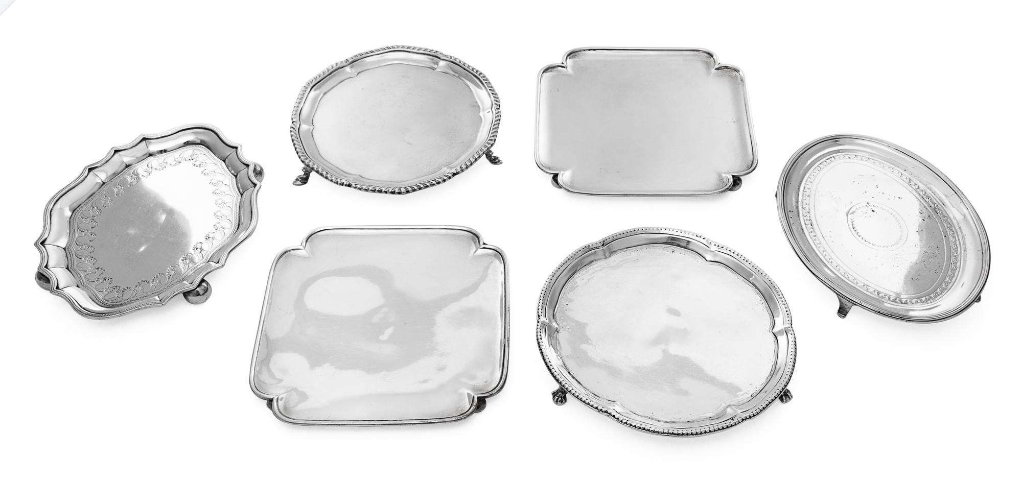 A Group of Six English and American Silver Waiters, various makers, comprising three George III silver examples, a pair of Tiffany & Co