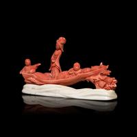 A Chinese Red Coral Carving of a Lady and Two Boys, 19th Century 清晚期 珊瑚雕仙女童子汎舟擺件