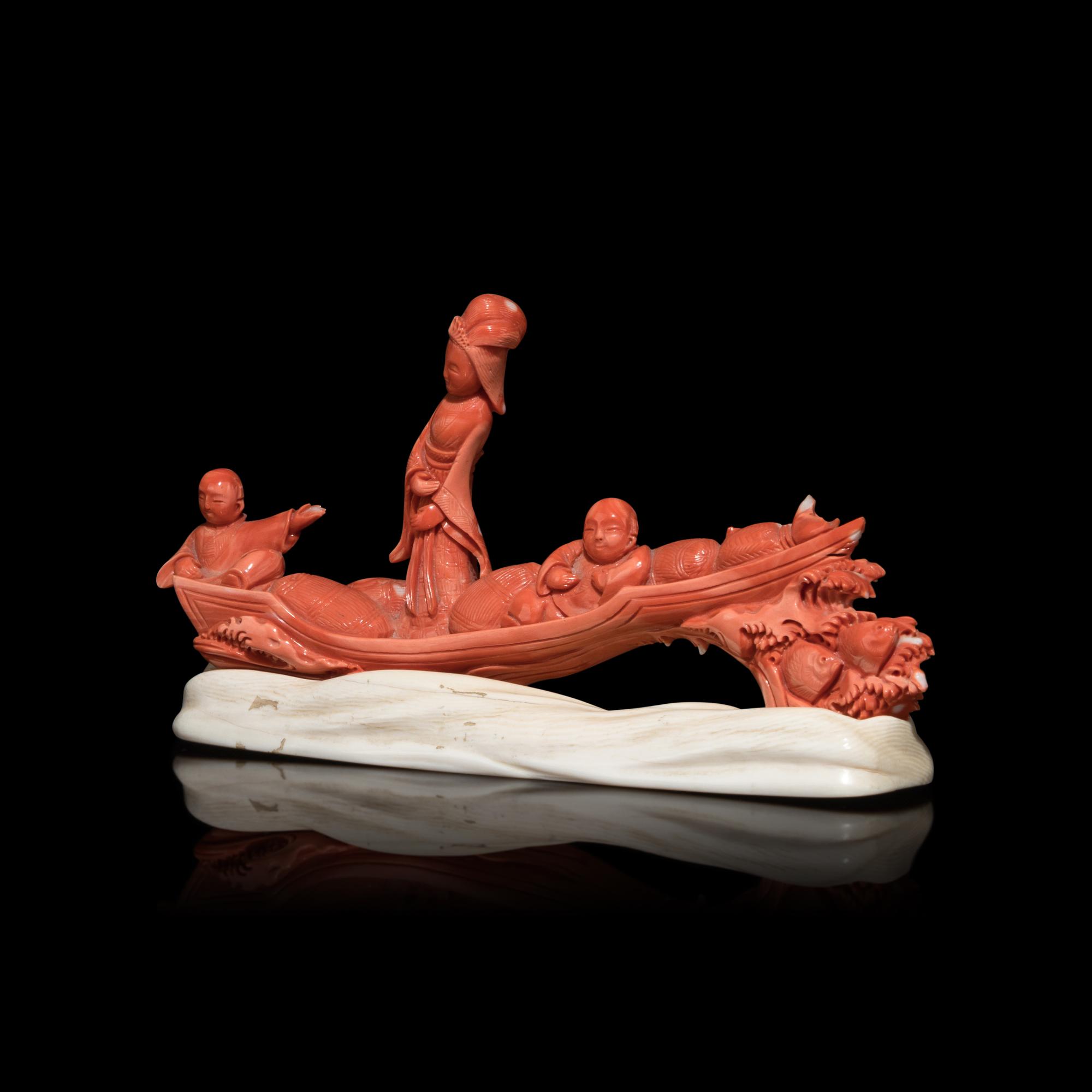 A Chinese Red Coral Carving of a Lady and Two Boys, 19th Century 清晚期 珊瑚雕仙女童子汎舟擺件