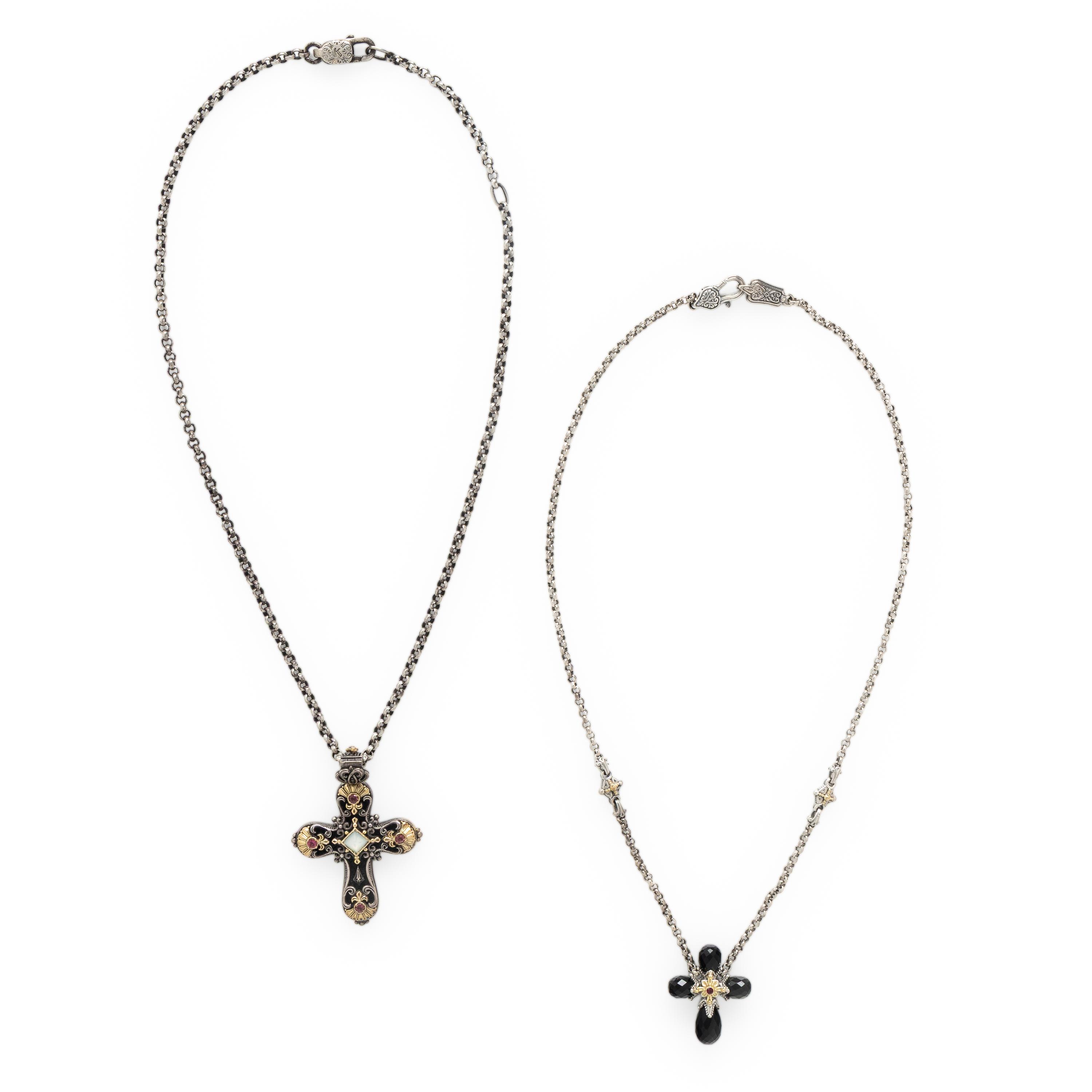 Kostantino, Two Sterling Silver and Mulitgem Cross Pendant Necklaces