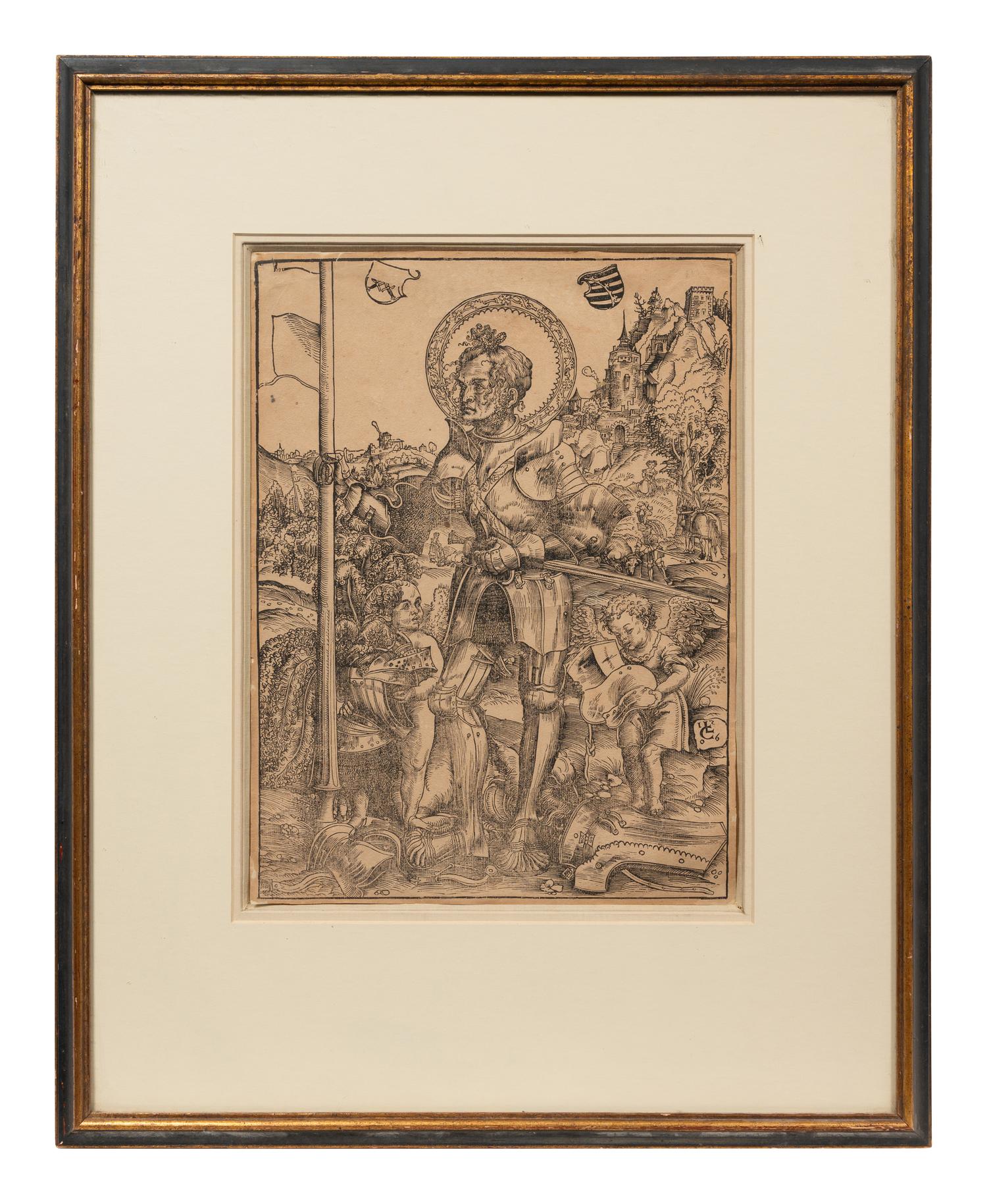 Saint George standing, with two angels