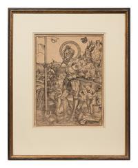 Saint George standing, with two angels
