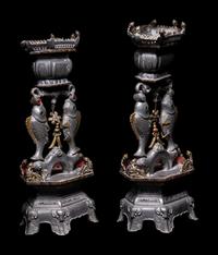 A Pair of Chinese Glass Inset Pewter 'Abundance' Candle Holders
