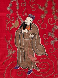 A Pair of Chinese Red Ground Embroidered Silk Panels