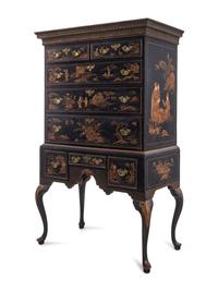 Queen Anne Japanned Lacquered Pine and Maple Flat Top High Chest