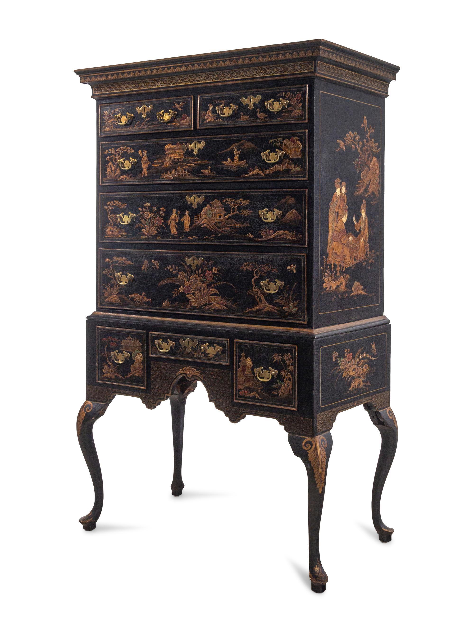 Queen Anne Japanned Lacquered Pine and Maple Flat Top High Chest
