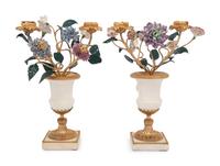 A Pair of French Gilt Bronze, Marble and Porcelain Two-Light Candelabra