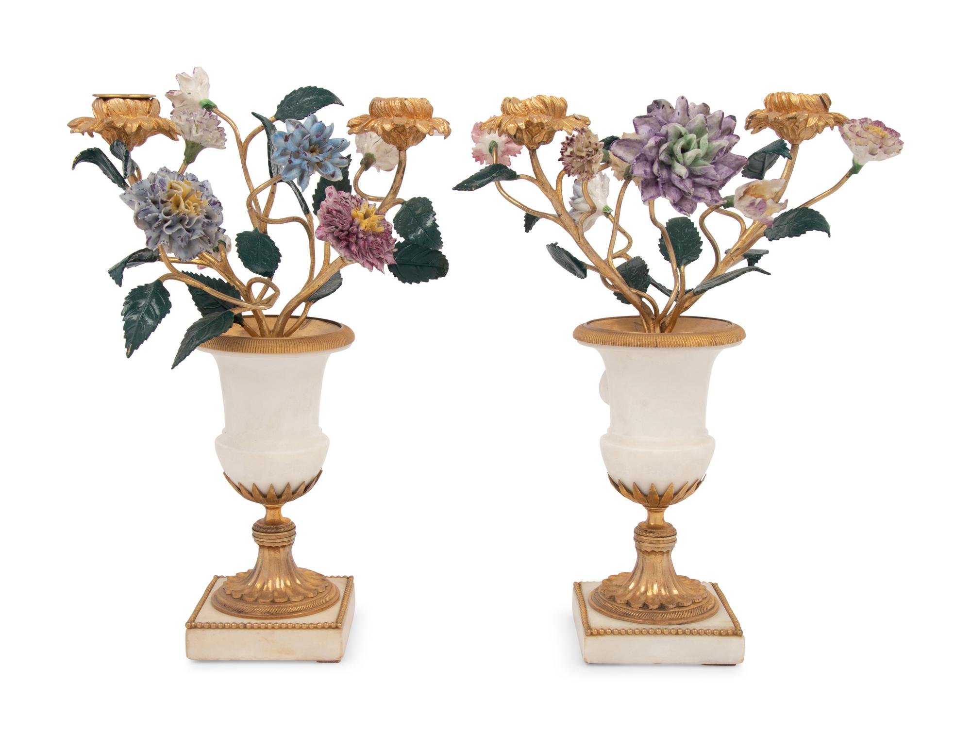 A Pair of French Gilt Bronze, Marble and Porcelain Two-Light Candelabra