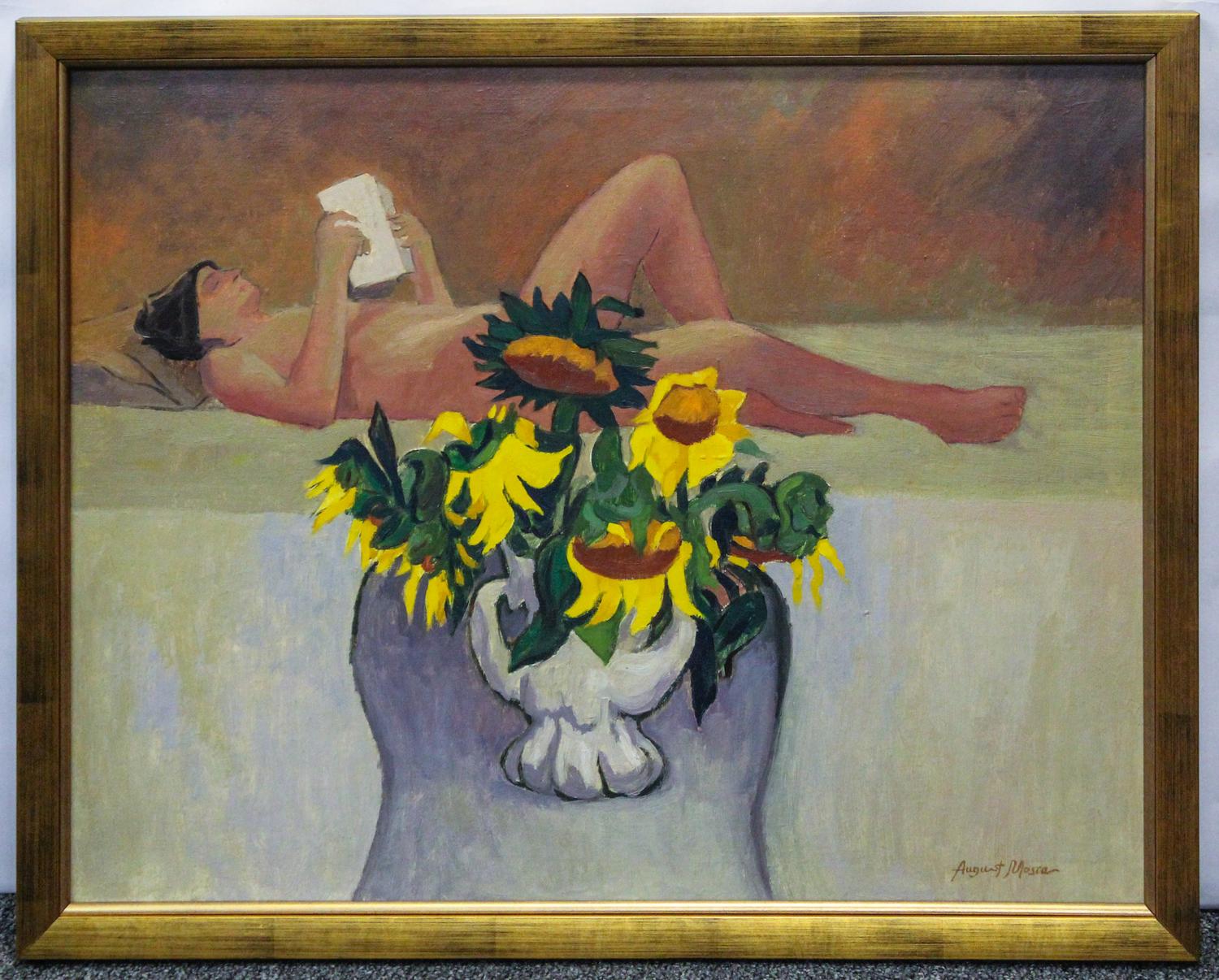 August Mosca, (American/Italian, 1909–2002), Nude Reading with Sunflowers