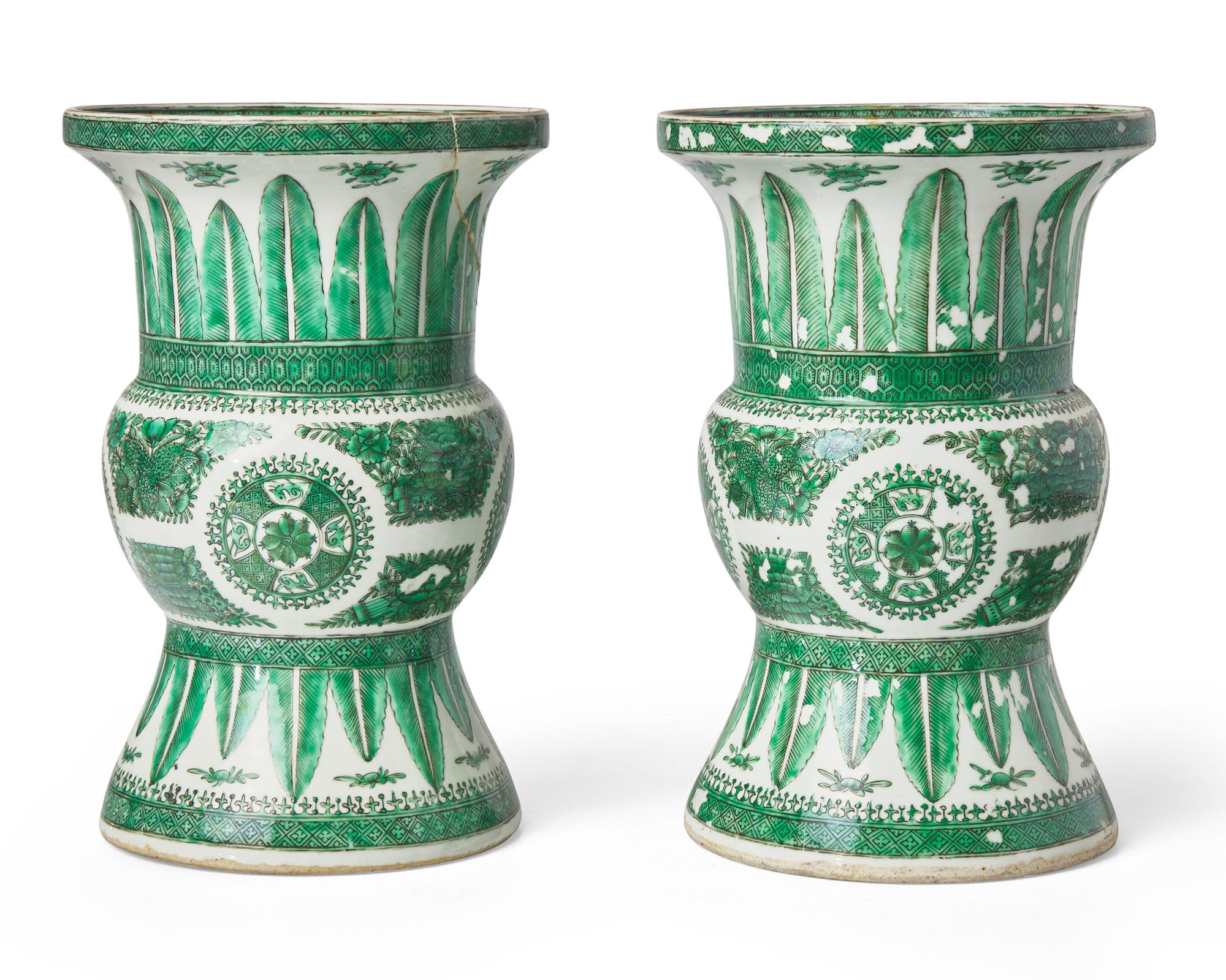 A pair of Chinese Export porcelain green "Fitzhugh" gu-form vases, circa 1800