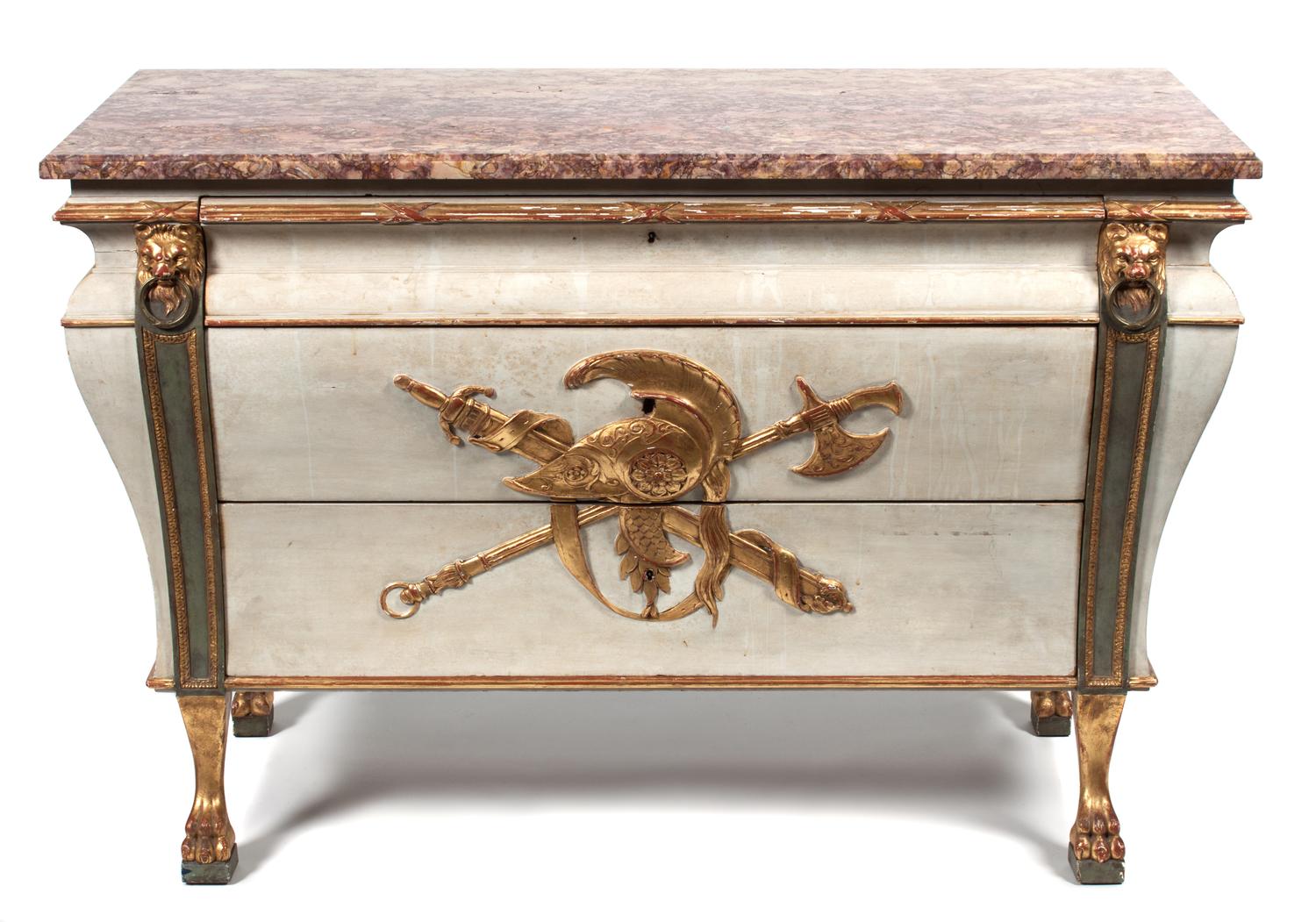 An Italian Neoclassical Style Painted and Parcel Gilt Bombe Commode Height 35 x width 52 x depth 20 1/2 inches. — EARLY 20TH CENTURY