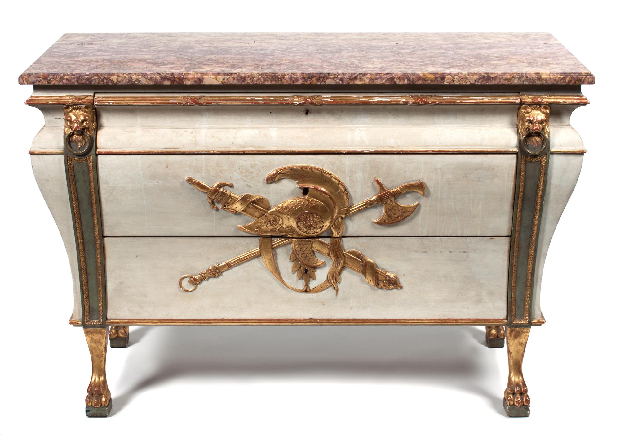 An Italian Neoclassical Style Painted and Parcel Gilt Bombe Commode Height 35 x width 52 x depth 20 1/2 inches. — EARLY 20TH CENTURY