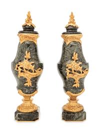A Pair of Continental Gilt Bronze Mounted Marble Urns