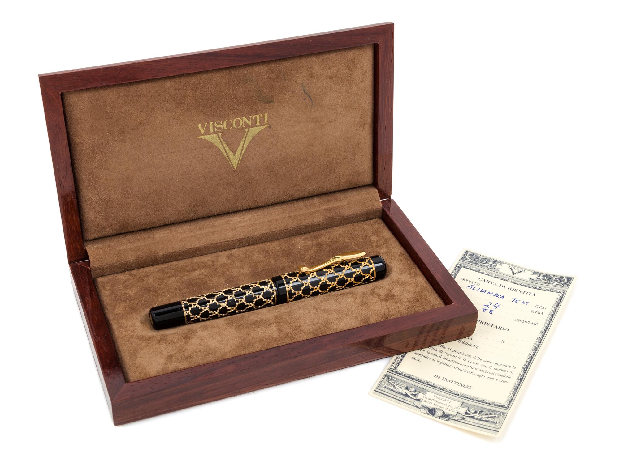 A Visconti Alhambra Limited Edition Black Lucite and 18-Karat Gold Limited Edition Fountain Pen