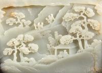 A Chinese Pale Celadon Jade 'Figures in Landscape' Rectangular Table Screen, 18th/Early 19th Century — 清中期 青白玉双面工漁樵耕讀圖砚屏