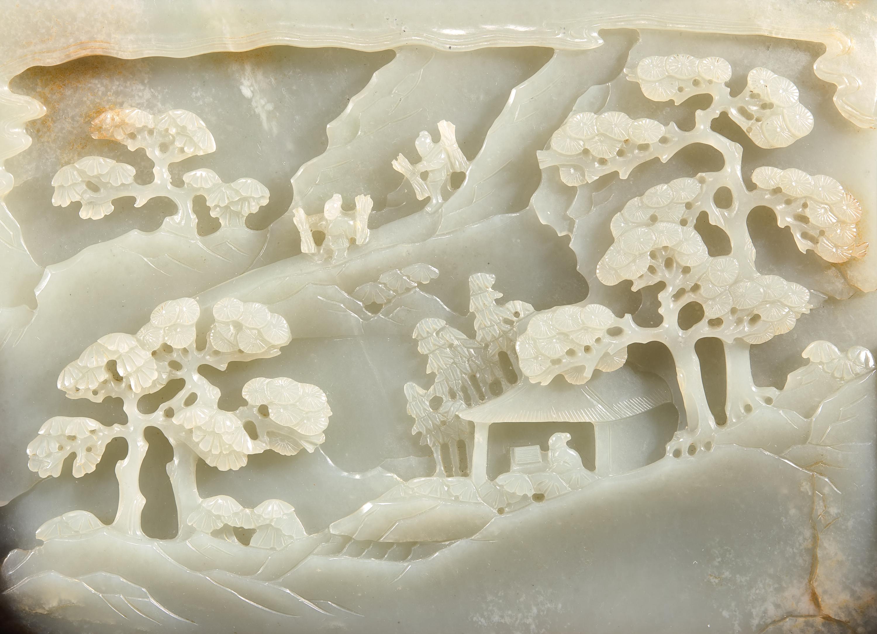 A Chinese Pale Celadon Jade 'Figures in Landscape' Rectangular Table Screen, 18th/Early 19th Century — 清中期 青白玉双面工漁樵耕讀圖砚屏