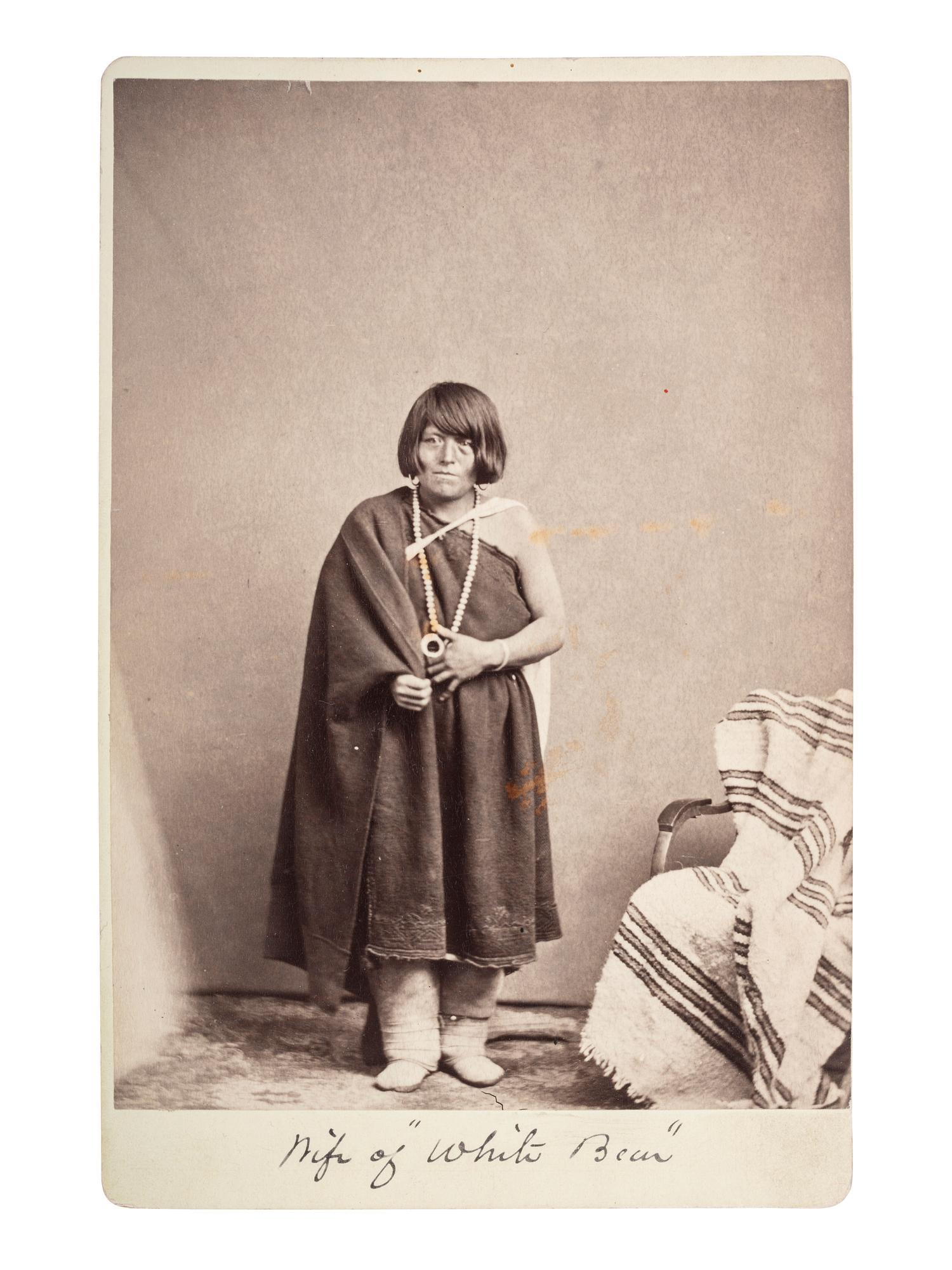 [NATIVE AMERICANS]. Cabinet card featuring a Native American woman with short hair, possibly the wife of Satanta, or "White Bear."