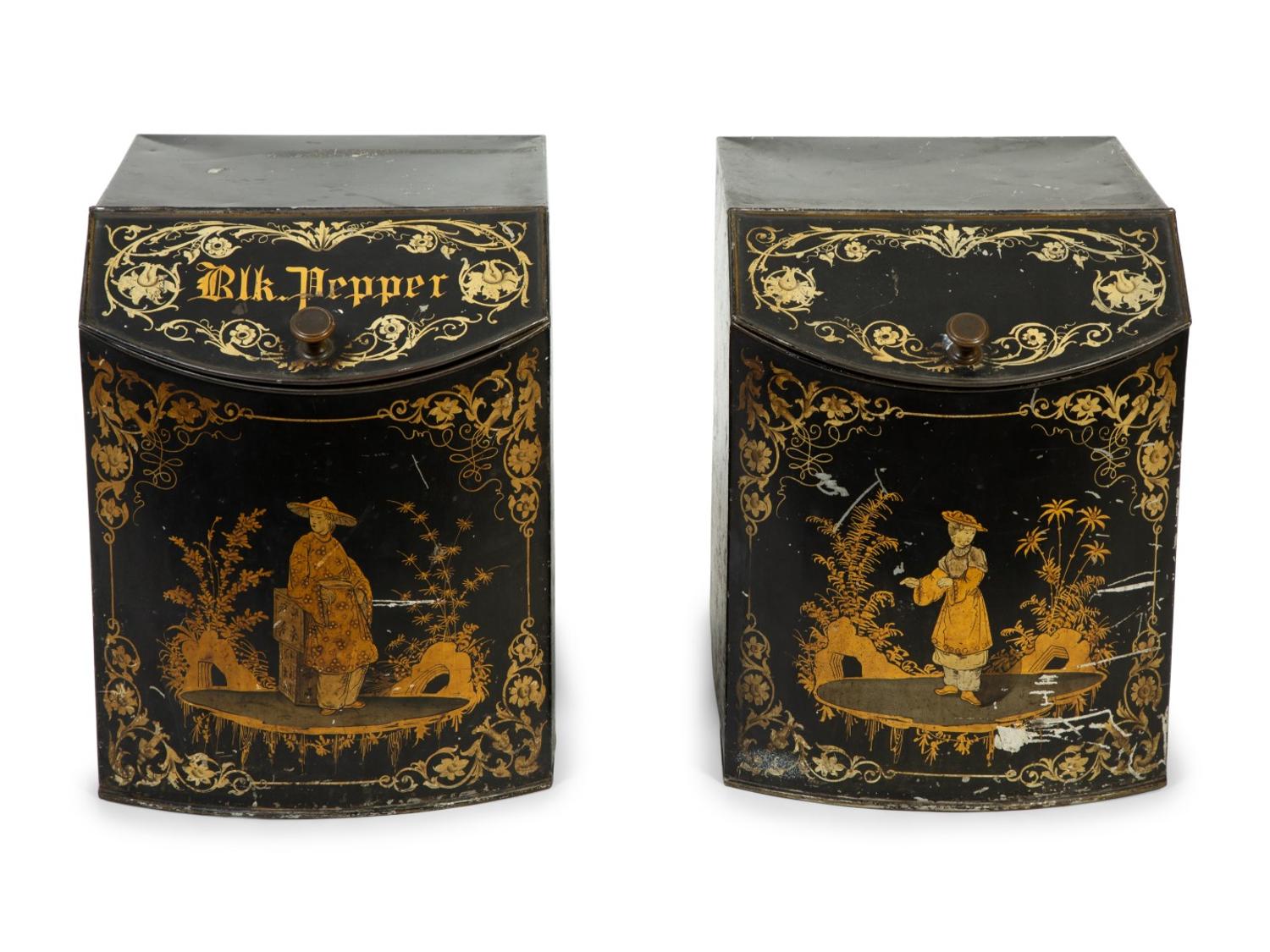 A Pair of English Black and Gilt Chinoiserie Decorated Tole Tea Canisters