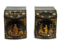 A Pair of English Black and Gilt Chinoiserie Decorated Tole Tea Canisters