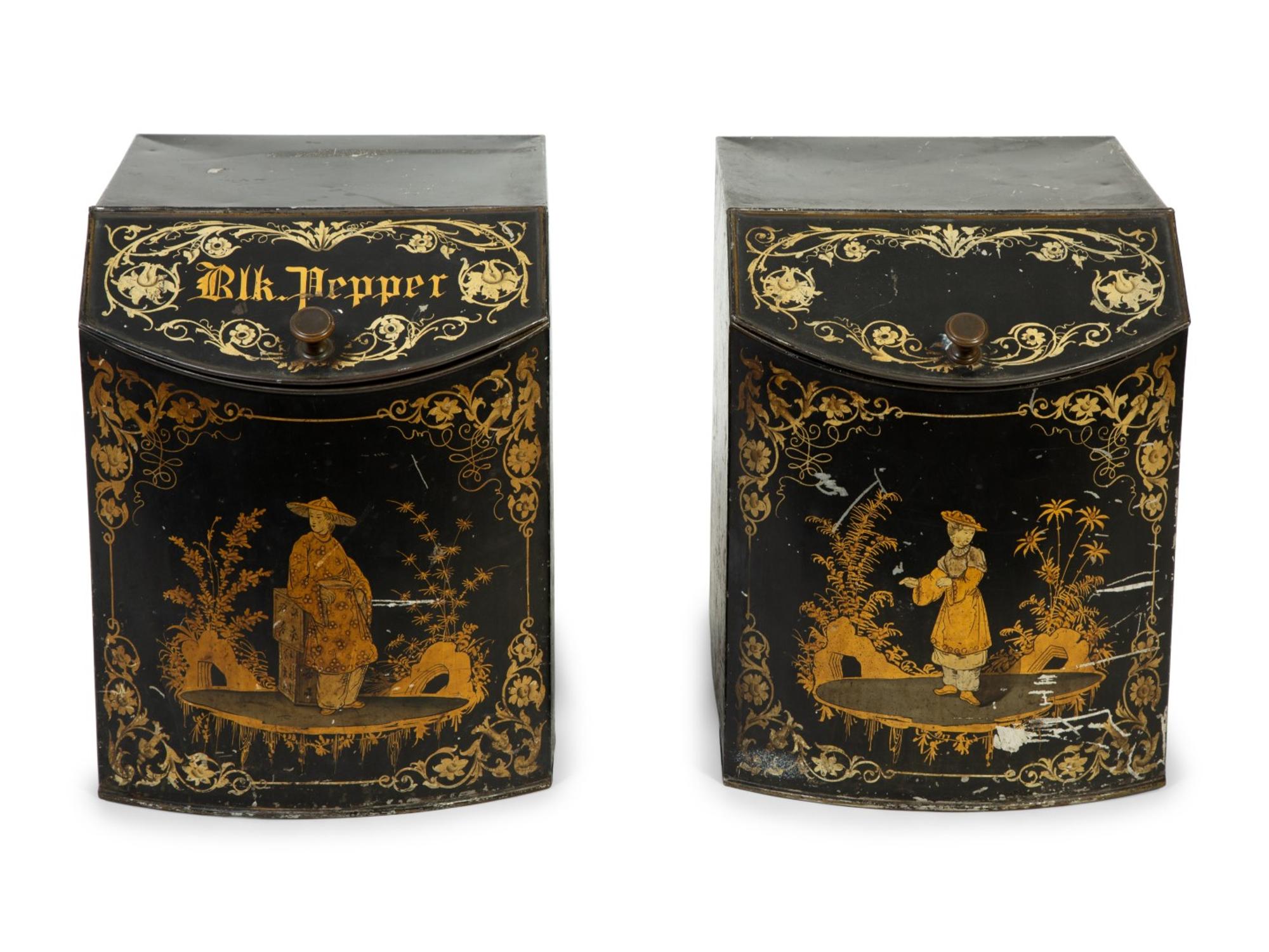 A Pair of English Black and Gilt Chinoiserie Decorated Tole Tea Canisters