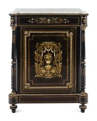 A Napoleon III Pewter and Brass-Inlaid Boulle Marquetry Marble-Top Cabinet