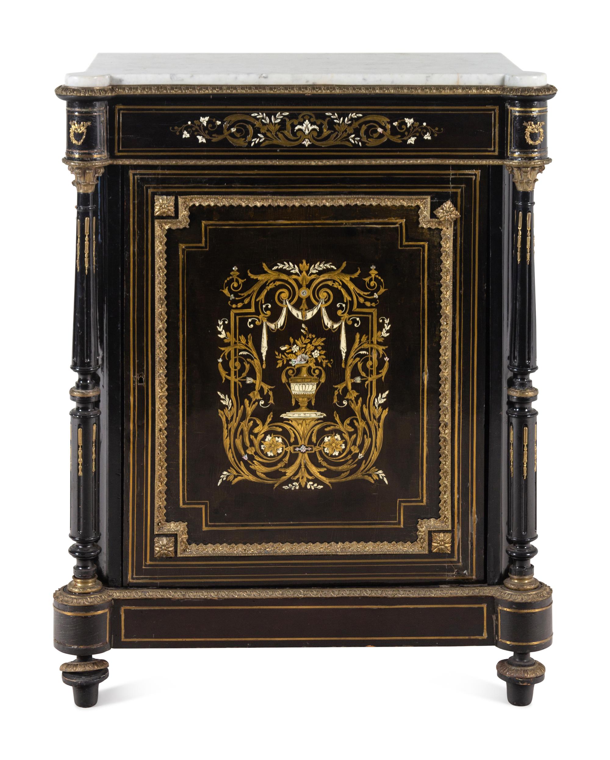 A Napoleon III Pewter and Brass-Inlaid Boulle Marquetry Marble-Top Cabinet